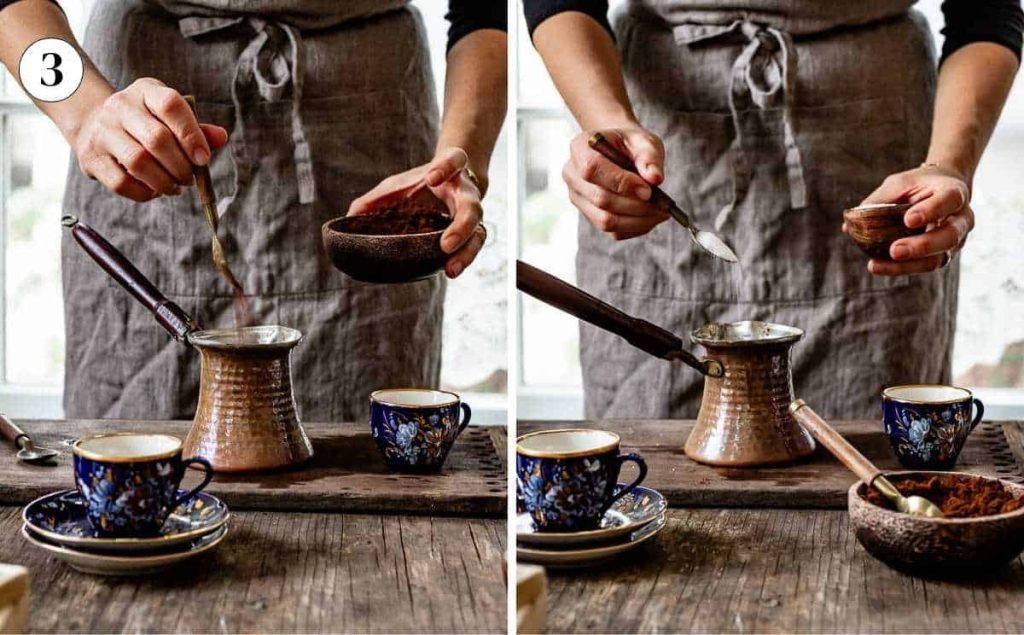 how to make turkish coffee adding coffee and sugar